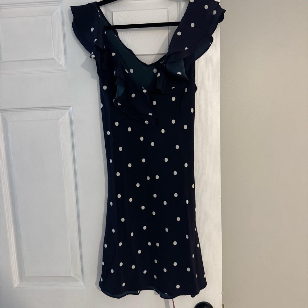 Realisation Par THE SAILOR Size L Navy Polka Dot Ruffle Midi Dress - Picture 3 of 5